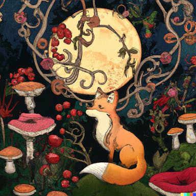 DALL·E 2022-08-04 19.17.05 - fox sitting in a forest, surrounded by mushrooms and berries, with a sickle moon rising in the background, in the style of art nouveau .png