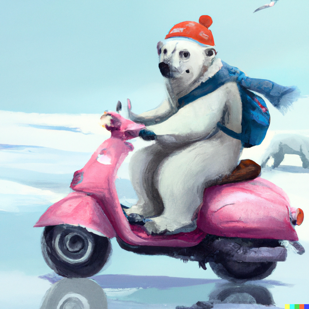 DALL·E 2022-08-04 23.39.15 - a polar bear riding a pink Vespa scooter in Antarctica, digital art.png