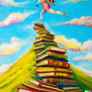 DALL·E 2022-08-04 22.12.32 - painting of a female runner running up a mountain of books, in the style of Salvador Dali, vibrant colours.png