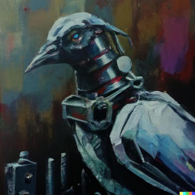 DALL·E 2022-07-25 23.01.20 - a robotic mech pigeon, oil painting, Rembrandt, moody.png