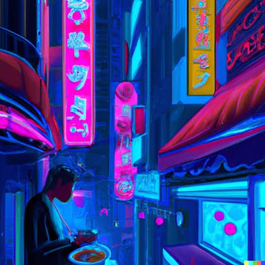 DALL·E 2022-10-28 18.53.35 - a man eating ramen on a neon-lit street in Hong Kong, digital painting in the style of vaporwave.png