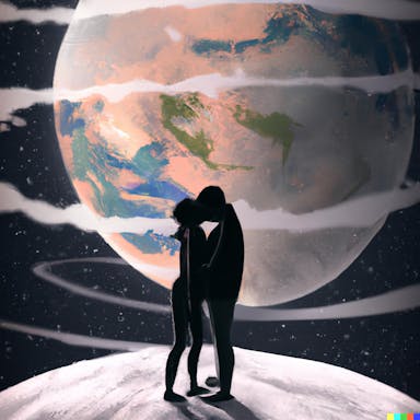 DALL·E 2022-08-04 22.15.56 - illustration of a couple standing on the white surface of the moon, kissing each other, small earth in the distance, digital art.png