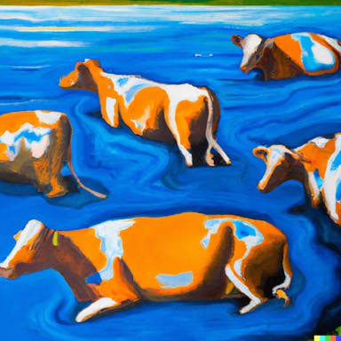 DALL·E 2022-08-04 21.17.55 - dairy cows swimming in a river, modern art painting, orange, blue, playful, and a little bit melancholy, wistful.png