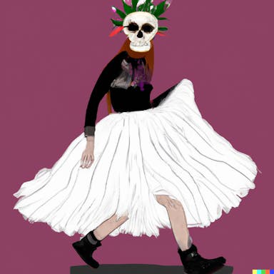 DALL·E 2022-08-04 22.52.26 - The Grim Reaper with a skull face, wearing a tutu and crocs, digital art in the style of Día de Muertos.png