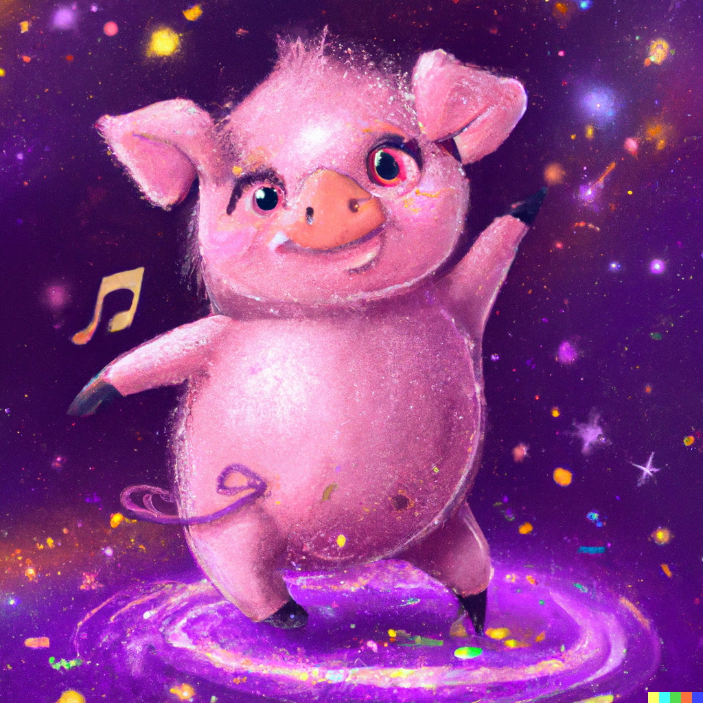 DALL·E 2022-08-04 18.10.34 - magical disco piglet dancing on its back, purples, sparkles, digital art.png