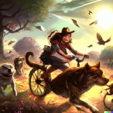 DALL·E 2022-09-30 21.58.53 - a wild woman wearing cowboy hat riding a bicycle, chased by dogs, digital art.png