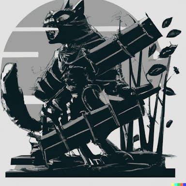 DALL·E 2022-10-06 16.39.46 - a mecha cat, post-apocalyptic battle, in the style of a Japanese wood cut, fierce, majestic.png