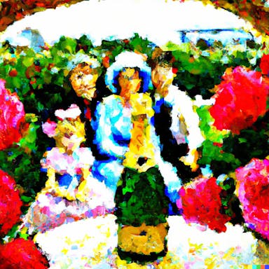 DALL·E 2022-10-28 21.38.33 - a family gathering grandmother in the middle, framed inside a bottle of champagne, surrounded by a bed of red roses, impressionist painting in the sty.png
