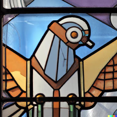DALL·E 2022-07-25 23.02.03 - stained glass window depicting a robotic mech pigeon, framed in a window.png