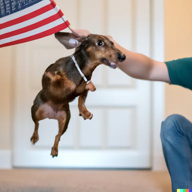 DALL·E 2022-10-06 20.32.23 - a dachshund holding an american flag in its mouth, jumping on a human, photorealistic, high resolution, 35mm lens, f1.8.png