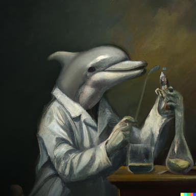 DALL·E 2022-07-25 22.54.00 - a dolphin wearing a white lab coat doing science experiments, oil painting, Rembrandt, moody.png
