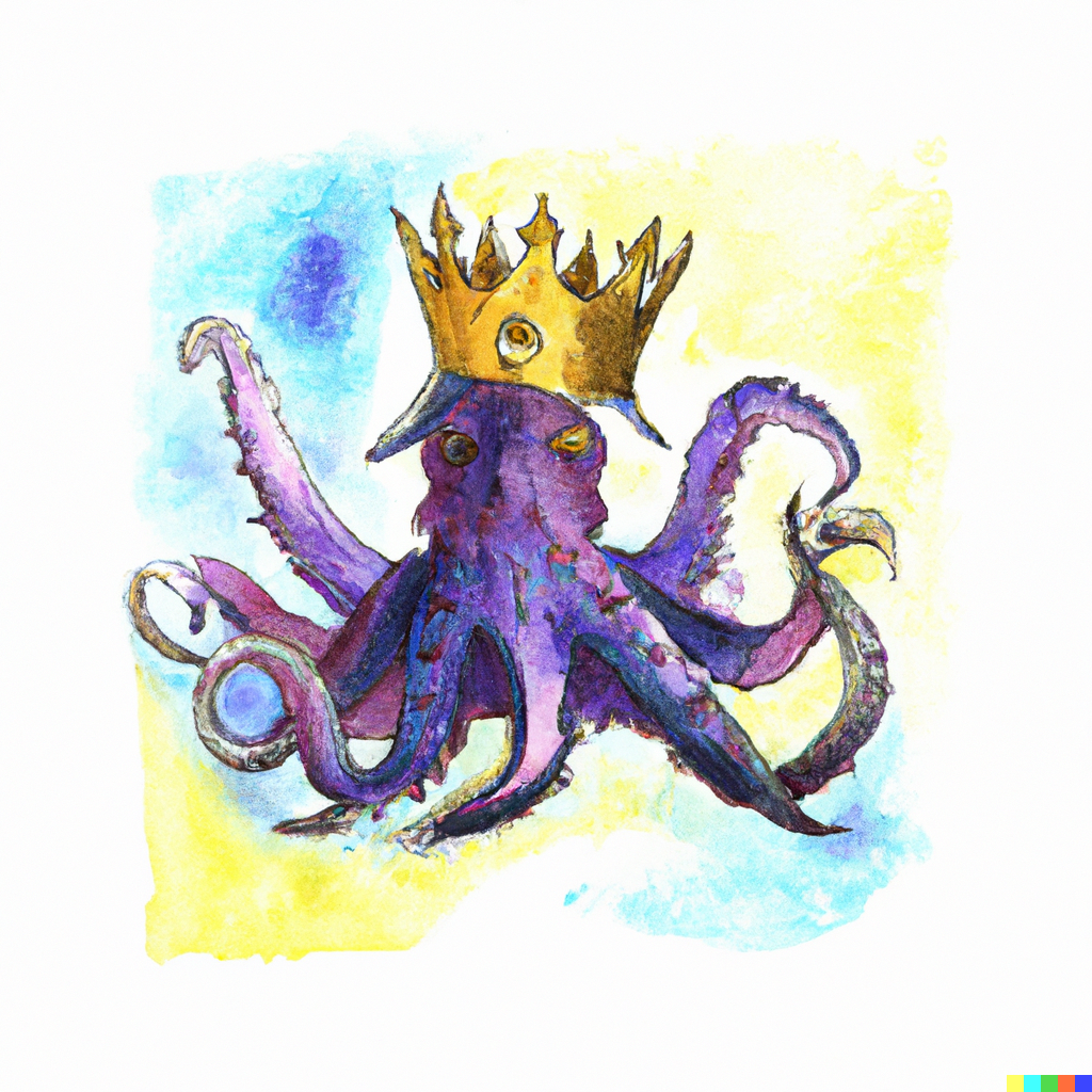 DALL·E 2022-08-04 23.45.15 - a king octopus wearing a crown and armor, watercolor, blues, yellows, purples.png