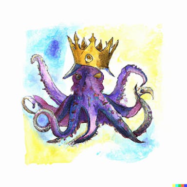 DALL·E 2022-08-04 23.45.15 - a king octopus wearing a crown and armor, watercolor, blues, yellows, purples.png
