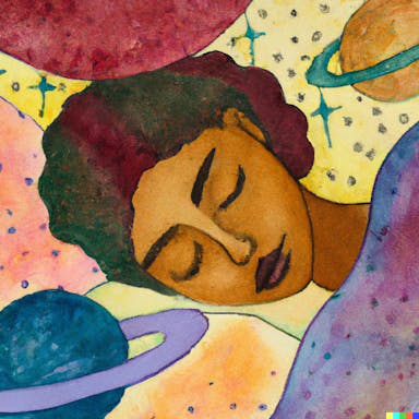 DALL·E 2022-08-02 19.18.23 - an illustration of a woman sleeping peacefully with stars and planets around her head, watercolor painting, dreamy.png