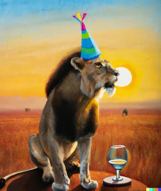 DALL·E 2022-10-28 17.42.05 - a lion at sunset wearing a birthday party hat, drinking amarula, realistic painting.png