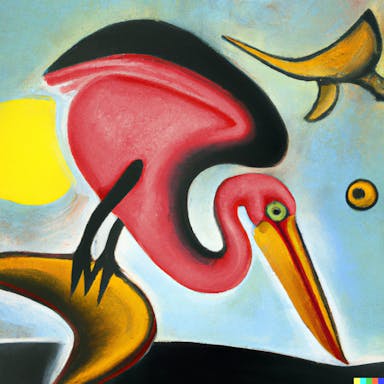 DALL·E 2022-09-30 18.53.08 - courageous pelican, shapes, surrealist oil painting by miro.png