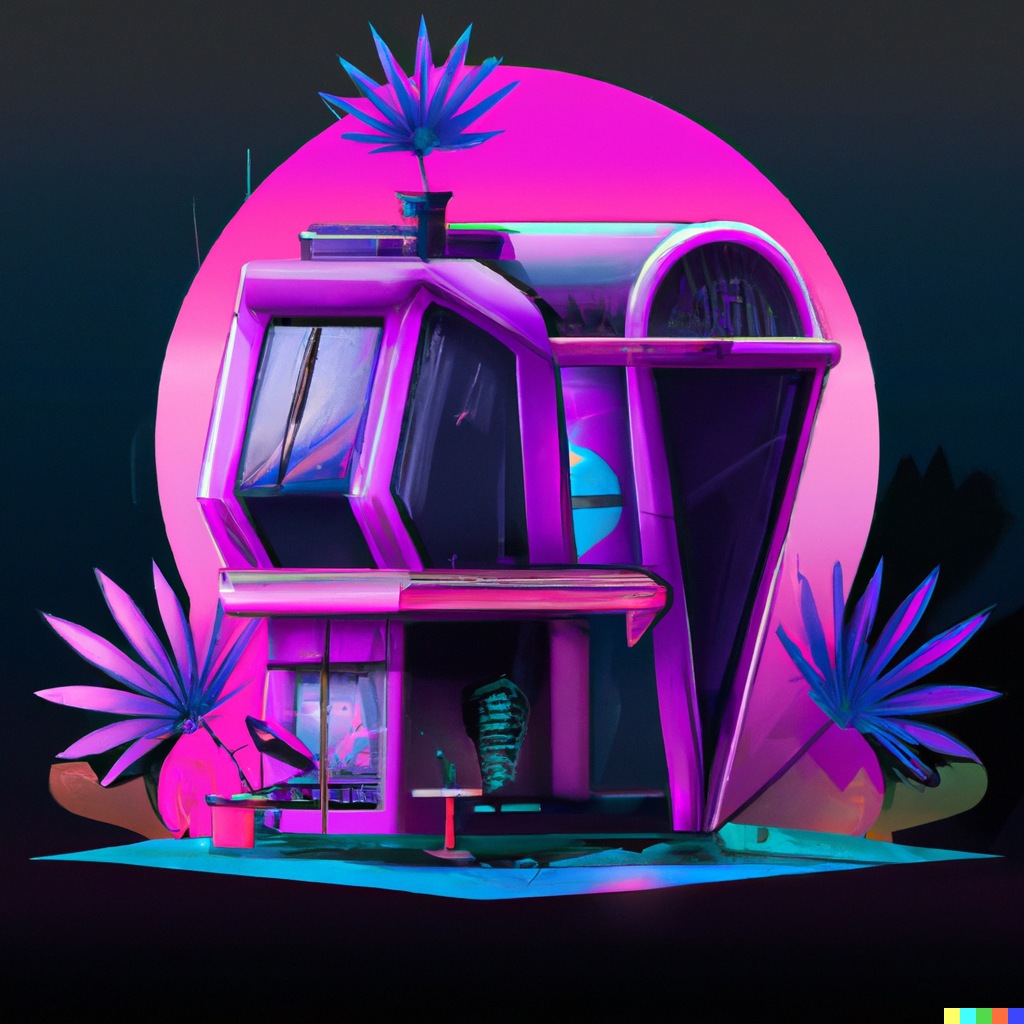 DALL·E 2022-10-28 21.34.13 - a futuristic cocktail house, surrounded by greenery, cyberpunk, pinks purples blacks.png