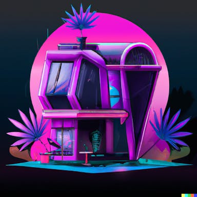 DALL·E 2022-10-28 21.34.13 - a futuristic cocktail house, surrounded by greenery, cyberpunk, pinks purples blacks.png