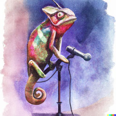 DALL·E 2022-08-04 17.46.34 - a chameleon wearing a bowtie, standing on a stage in front of a microphone, watercolour painting.png
