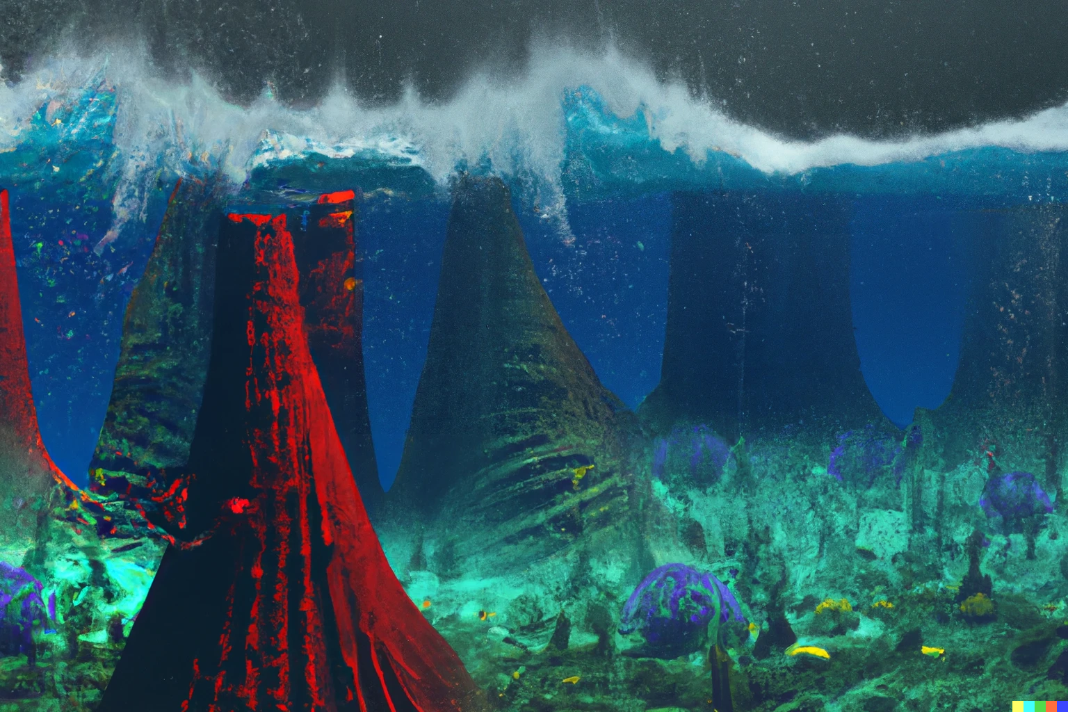 DALL·E 2022-10-28 19.41.45 - cross section of stormy sea over tropical vibrant coral reef, with diver in tranquil vibrant undersea, 3d render, octane engine, luminescent.png