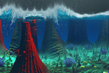 DALL·E 2022-10-28 19.41.45 - cross section of stormy sea over tropical vibrant coral reef, with diver in tranquil vibrant undersea, 3d render, octane engine, luminescent.png