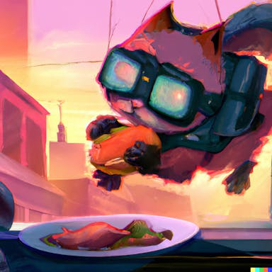 DALL·E 2022-08-04 20.32.09 - a Karot cat from Mission Impossible stealing a chicken schnitzel, digital art, synthwave.png