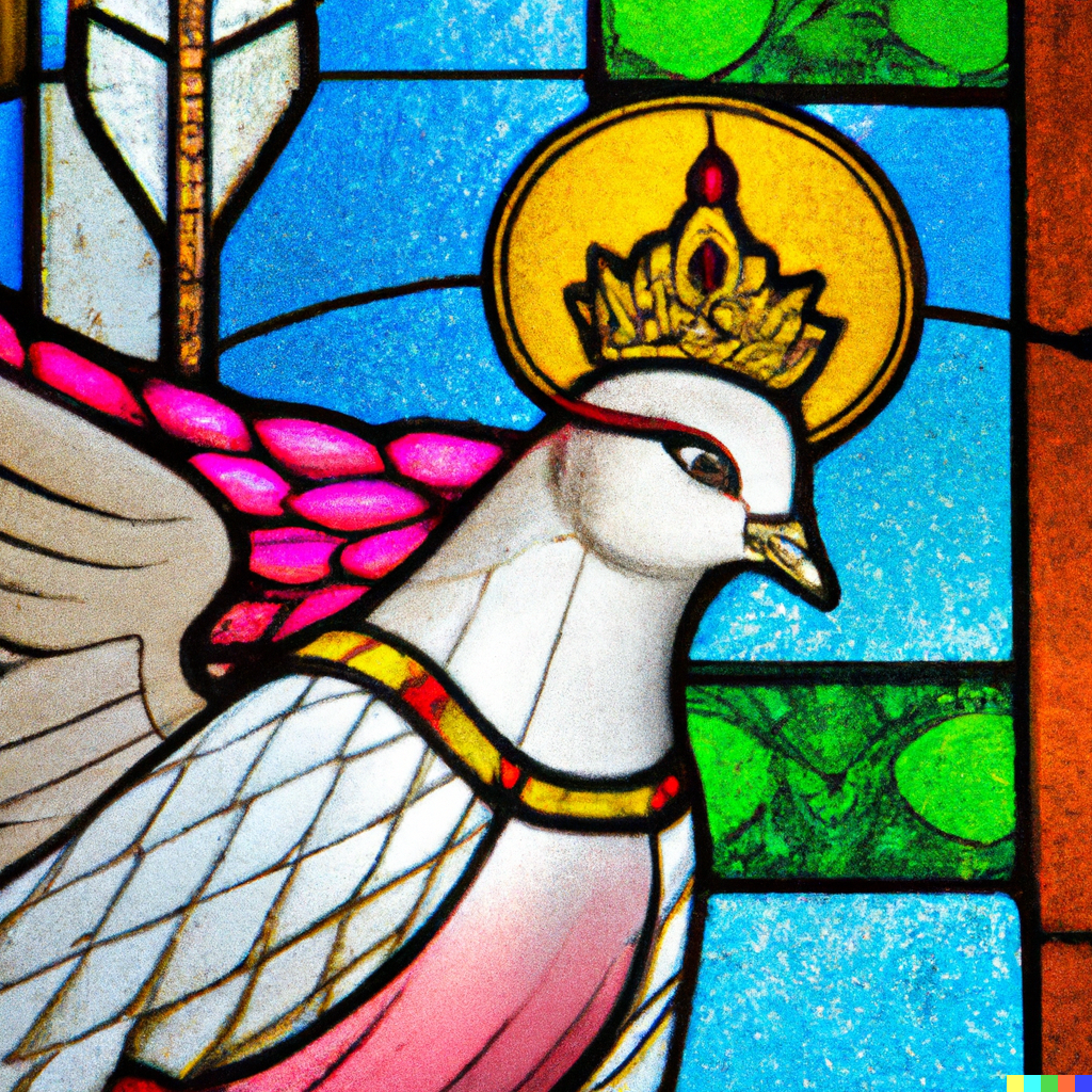 DALL·E 2022-07-25 23.01.04 - stained glass window depicting a pigeon dressed as a queen.png