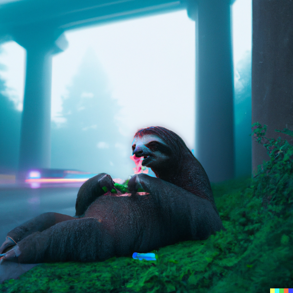 DALL·E 2022-08-04 19.44.10 - a badass sloth eating a meal on the side of the road, in a futuristic city, cyberpunk, blue, green, moody].png