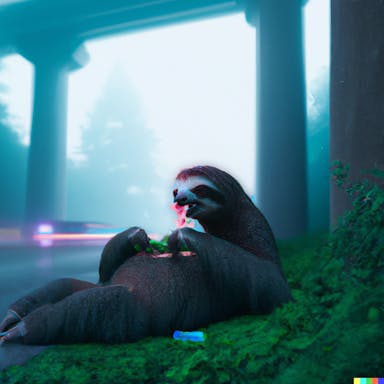 DALL·E 2022-08-04 19.44.10 - a badass sloth eating a meal on the side of the road, in a futuristic city, cyberpunk, blue, green, moody].png