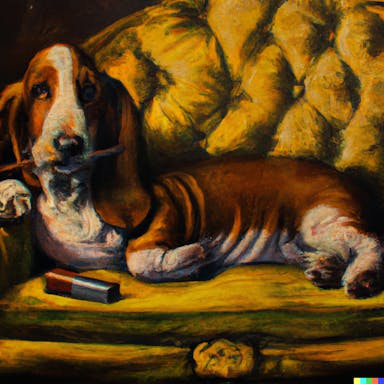 DALL·E 2022-09-30 20.04.44 - a basset hound wearing Doc Martens smoking a cuban cigar on a velvet couch, oil painting in the style of Rembrandt.png