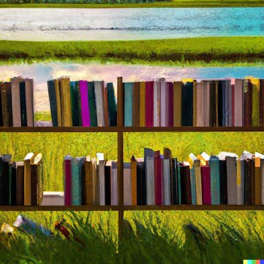 DALL·E 2022-09-30 17.17.42 - wide perspective of shelves of books on a grass field next to a lake, liminal space, oil painting, vibrant colours.png