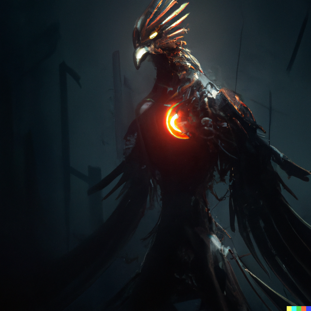 DALL·E 2022-08-04 18.46.09 - cyborg Fawkes the phoenix from Harry Potter, dystopian, cyberpunk, dramatic lighting, digital art.png