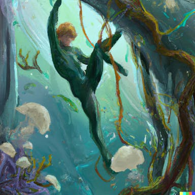DALL·E 2022-09-30 20.50.41 - underwater rockclimber overhang, surrounded by jellyfish in a kelp forest, fantasy, digital painting.png