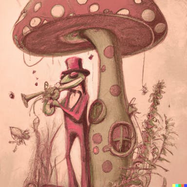 DALL·E 2022-09-30 22.10.04 - a dapper frog wearing a suit, wearing a flat cap, standing by a toadstool, playing the saxophone, calm, magical, cottage-core, fantasy digital art, ol.png