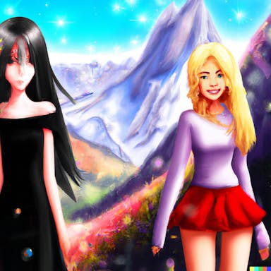 DALL·E 2022-08-04 20.22.21 - digital illustration of a brunette girl standing next to a blonde girl posing in the alps, anime, manga, black, red, yellow, blue.png