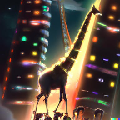 DALL·E 2022-10-28 22.46.02 - space elevator giraffe safari party time, fantasy digital art in the style of cyberpunk, gloomy, subdued, dark, trending on artstation.png