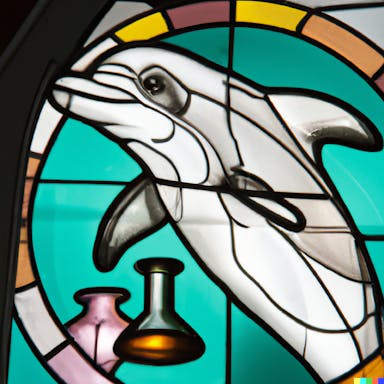 DALL·E 2022-07-25 22.55.09 - stained glass window depicting a dolphin wearing a white lab coat in a science lab.png