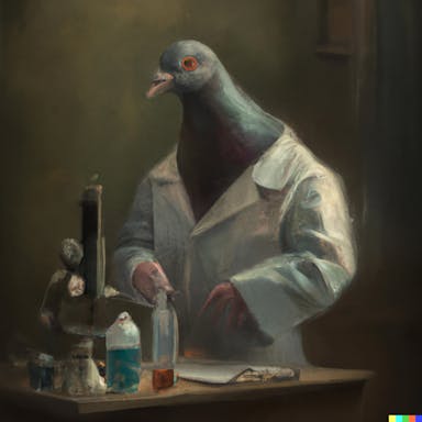DALL·E 2022-07-25 23.02.23 - a pigeon dressed in a white lab coat doing science experiments, oil painting, Rembrandt, moody.png