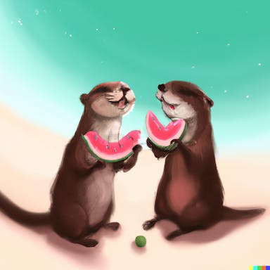DALL·E 2022-08-04 18.28.37 - two otters eating watermelons at the beach, digital art, funny, pastel.png