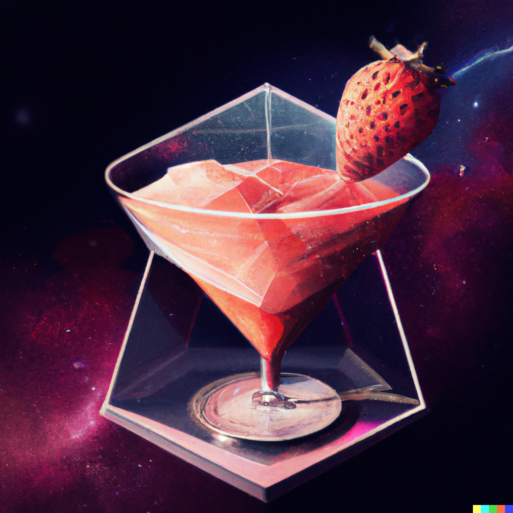 DALL·E 2022-10-28 21.23.35 - strawberry daquiri in a hexagon shaped glass, in outer space, digital artwork, high resolution, high detailed, trending artstation.png