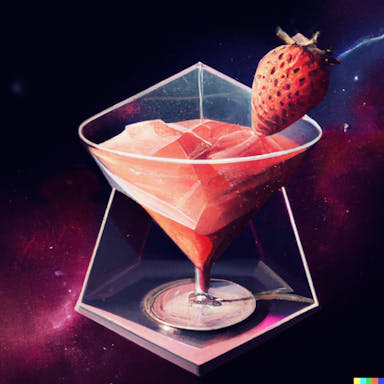 DALL·E 2022-10-28 21.23.35 - strawberry daquiri in a hexagon shaped glass, in outer space, digital artwork, high resolution, high detailed, trending artstation.png