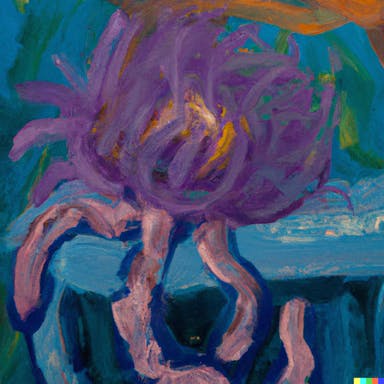DALL·E 2022-08-04 21.49.57 - painting of an anthropomorphic sea anemone lounging on a bench, purple, abstract.png