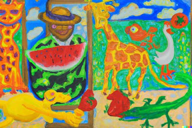 DALL·E 2022-10-28 18.06.45 - A painting titled "frog giraffe money mango watermelon chicken", in the style of Van Gogh.png