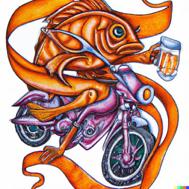 DALL·E 2022-09-30 20.00.27 - a fish riding a motorbike holding a beer, painting in the style Alex Grey.png