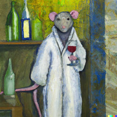 DALL·E 2022-08-04 21.36.10 - painting of a rat in bathrobe, wearing a hairnet, holding a wine glass, bottle of wine on the shelf in the background, morning light, in the style of .png