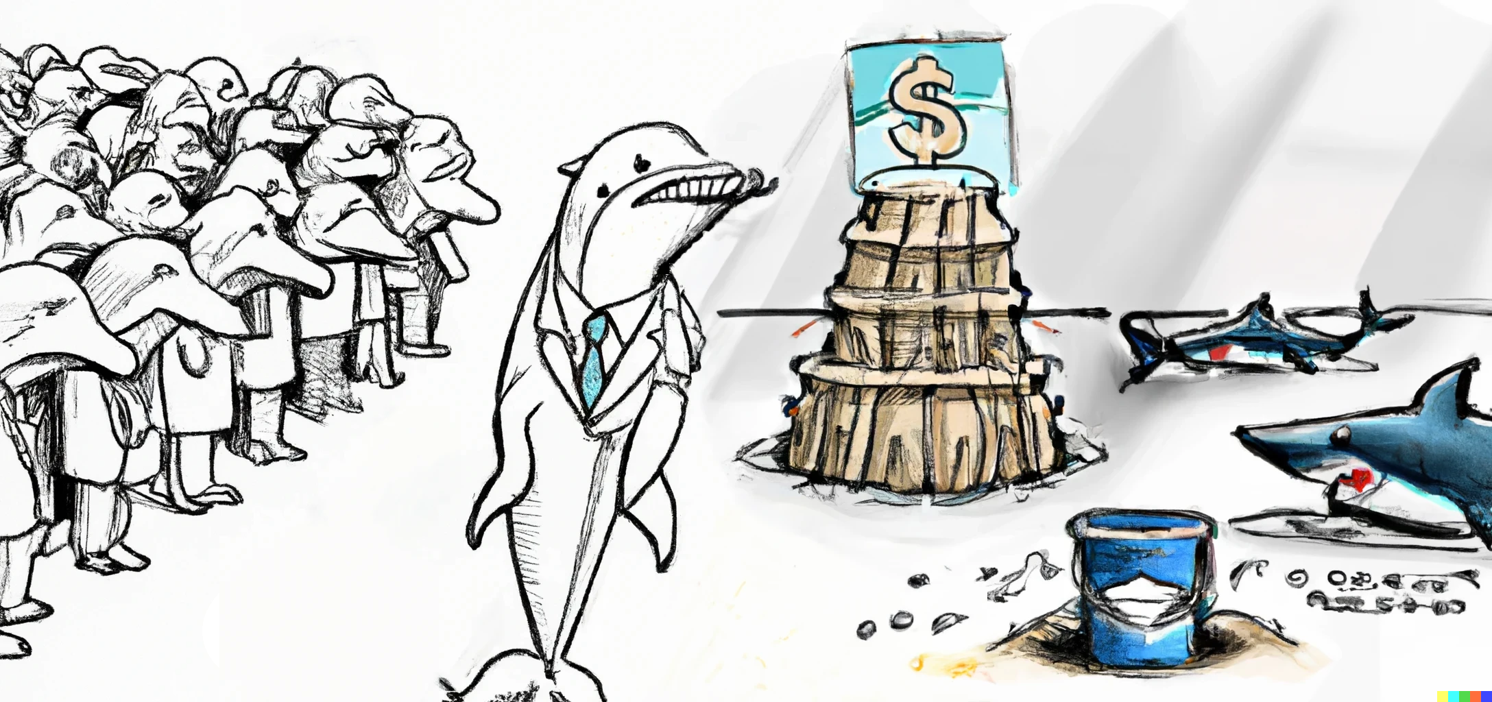 DALL·E 2022-10-06 20.29.28 - An angry dolphin, standing in a long queue of elderly business men, in the style of a New Yorker comic.png
