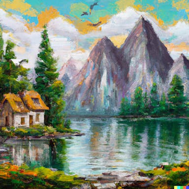 DALL·E 2022-10-28 21.46.24 - Mountain Lake home, oil painting in the style of bob ross, nature, freedom.png