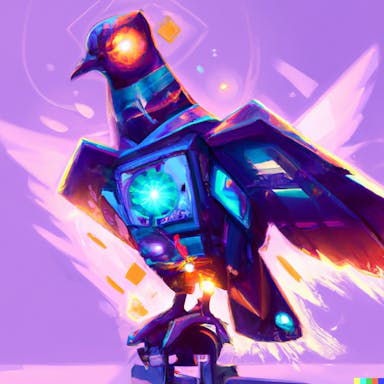 DALL·E 2022-07-25 23.01.33 - a robotic mech pigeon, digital art in the style of solarpunk, bright colours, light flares.png