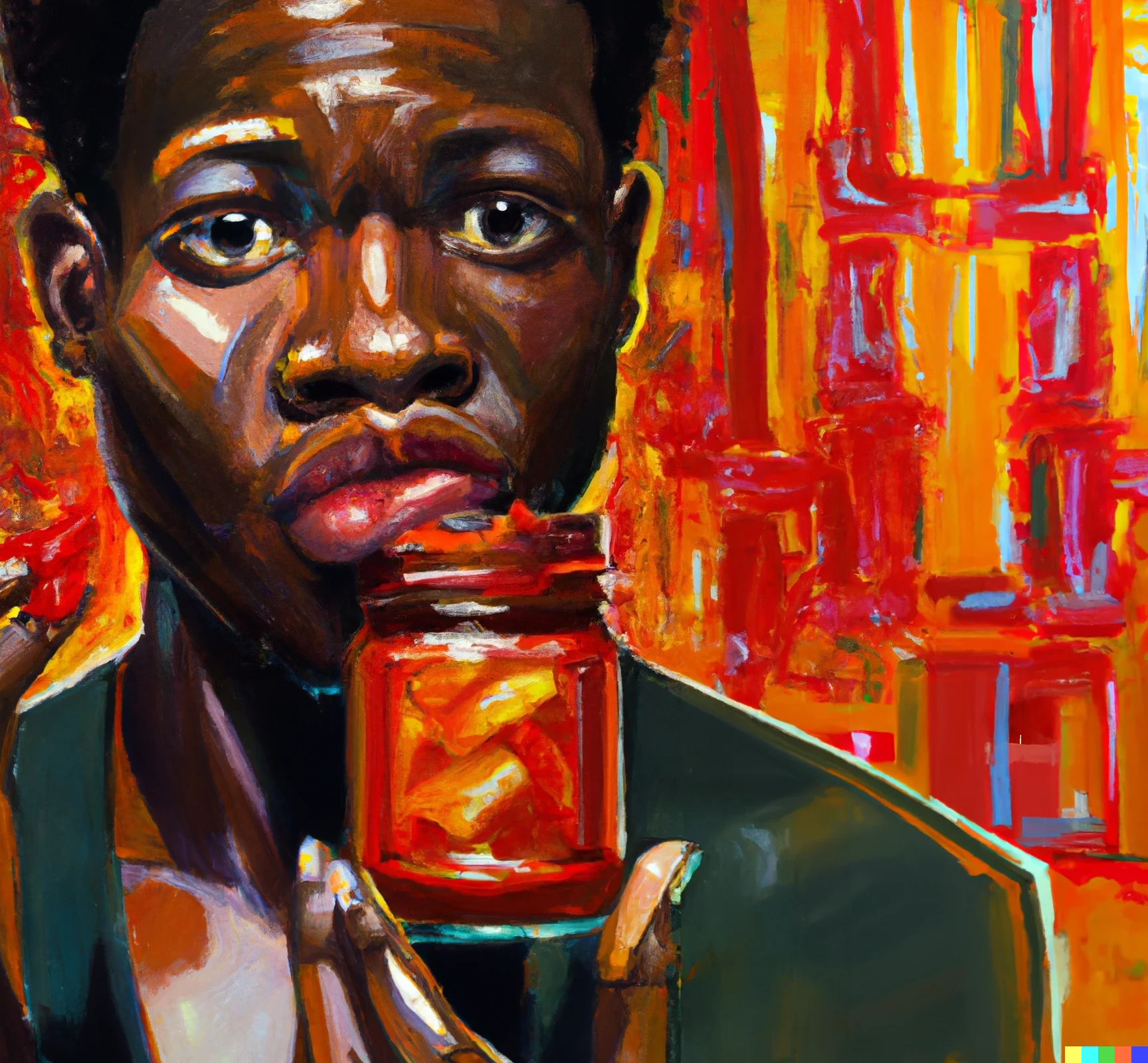 DALL·E 2022-10-06 18.58.21 - close-up of a person biting their lip and holding a jar of kimchi, oil painting, expressive, reds and oranges.png