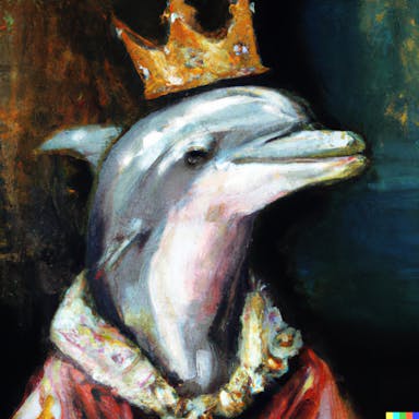 DALL·E 2022-07-25 23.03.15 - oil painting of a dolphin dressed in a crown and medieval robe, oil painting, Rembrandt.png
